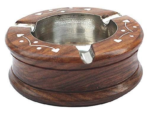 Zeguard Handicraft Handmade Beautiful Designer Round Shaped Wooden Ashtray with Inlay Work Ashtray for Cigarettes and Smoking Home, Office, Garden, Gift Use (10x10x3) (Brown)