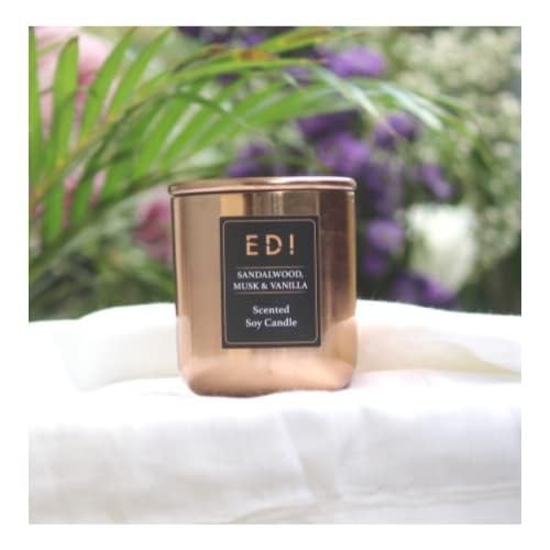 Virgo Creations EDI Metal Jar Candle, Scented Soy Wax, Sandalwood-Musk-Vanilla Fragrance, Rose Gold Finish Metal Candle with Lid, Home Decor, Size 7x7x8 cm, Pack of 1