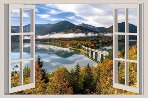 JVERF - JZZA21944 Germany Mountains Autumn Rivers Bridges Scenery| Self-Adhesive Open Window Wall Sticker