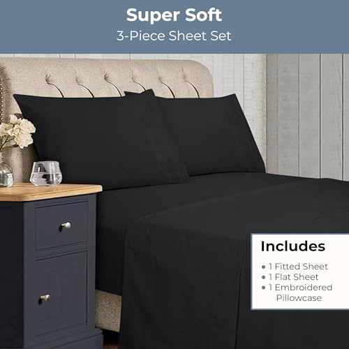 ROYALE LINENS - 3 Piece Twin XL Bed Sheet - Soft Brushed Microfiber 1800 Bedding Set - 1 Fitted Sheet, 1 Flat Sheet, 1 Pillow Case - Wrinkle & Fade Resistant Twin XL Size Sheet Set (Twin XL, Black)