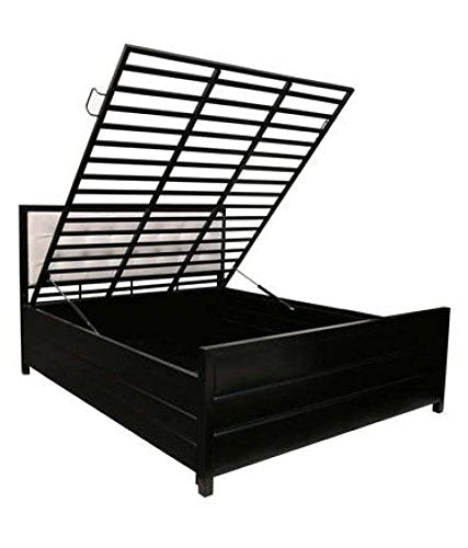 Royal Interiors Virno Metal Matte Finish Bed with Hydraulic Storage and Foam Mattress (Queen Size, Black)