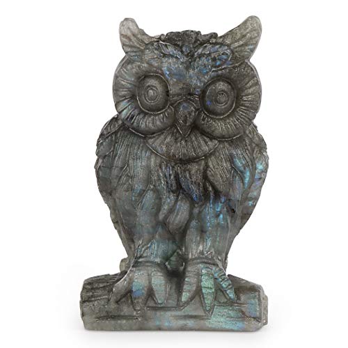 Artistone 2.0" Labradorite Owl, Hand Carved Gemstone Fine Art Sculpture, Reiki Healing Stone Statue,for Home and Office Decor