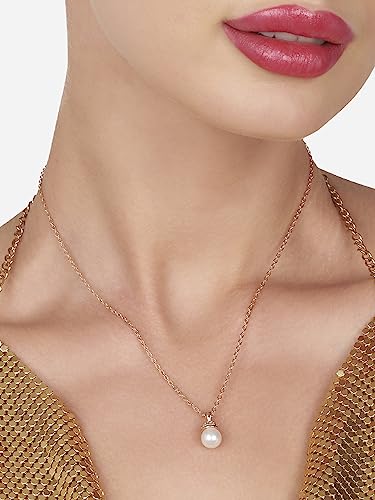 ZAVERI PEARLS Rose Gold Cubic Zirconia Pearl Pendant With Chain Brass Necklace For Women -ZPFK16193