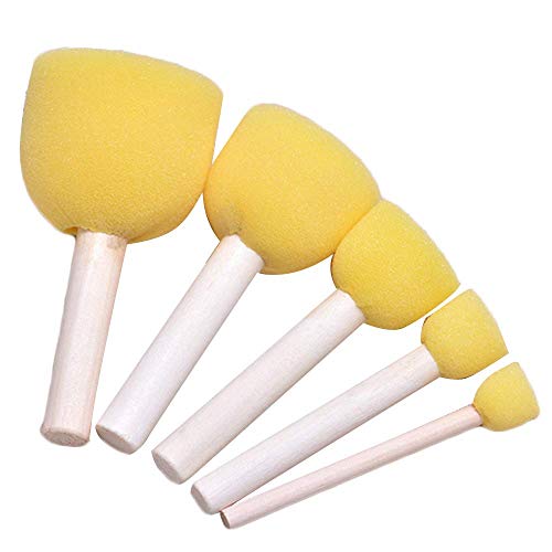 Lakeer 5 Pcs Round Stencil Sponge Yellow Dabber Wooden Handle Foam Brush Furniture Art Crafts Painting Tool Supplies Painting Stippler Set DIY Painting Tools in 5 Sizes