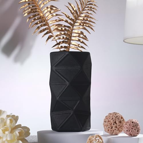 TIED RIBBONS Geometric Ceramic Flower Vase (Black, 20 cm x 8 cm) for Home Decor Flowers Plants Living Room Dining Table Office Decoration Items