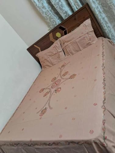 Kashmiri Handwork Embroidered Cotton bedsheets Double Bed Sheet Queen Size with 2 Pillow Cover Floral White bedsheet Embroidery Bedsheet