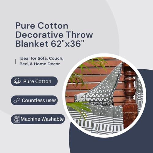 BIGMOON Pure Cotton Decorative Throw Blanket 62"x36" | 220 TC, Breathable & Soft, Stylish Fringe, Ideal for Sofa, Couch, Bed, & Home Decor - Perfect All-Season Comfort