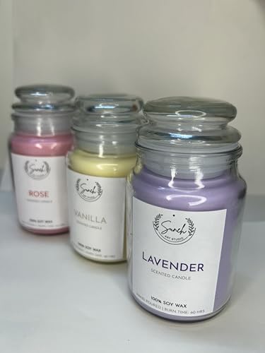 Suneh Aroma Candles Set of 3 Scented Aromatic Fragrance of Vanilla, Lavender & Rose for Gifting & Home Decor, Votive Glass Jar Candle, 350 Gms Each,Up to 60 Hours Burn Time