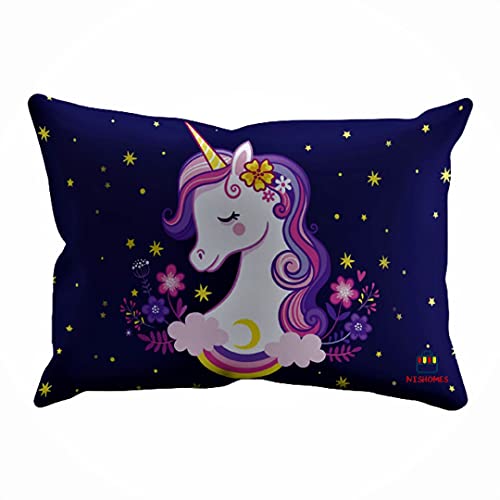 NISHOMES Velvet Unicorn Design Printed Kids Cartoon Pillow Fiber Filled Size 12x18 Inches (Blue)