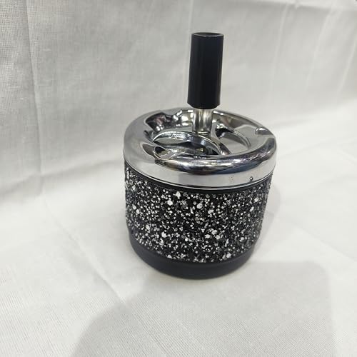 Spinning Ashtray with Glitter Design, Chrome Lid, Black Base