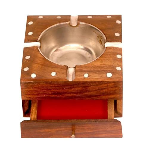 IndigoArts Wooden Cigarette Ashtray, Sheesham Wood Ash Tray with Drawer Smoke Ash Holder Tabletop Ash Catcher for Outdoors and Indoors with 4 Cigarette Holder Slots, Brown, 4 inch, 1 Pc