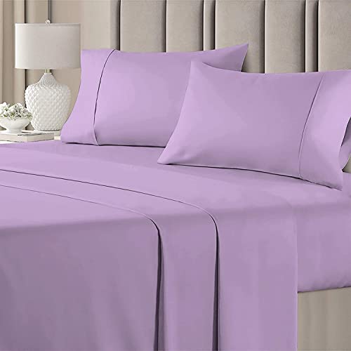 Luxurious & Super Soft 5 Piece Bedsheet Set- 100% Cotton Hotel Luxury Bedding- Flat Sheet, Fitted Sheet, Zipper Duvet Cover & 2 Pillow Cover- 400TC Bedding Set-Lavender Solid Double Size