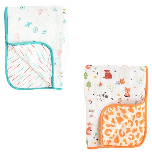 Yellow Doodle Lil Travellers + Baby Animals Reversible Muslin Blanket - Adorable Combo for Unisex Baby Ages 0-4 Years