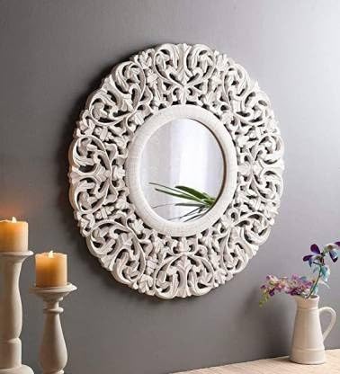 Vas Collection MDF Mirror Frame (Round) for Wall Decor,Bedroom,Living Room,Bathroom & Hallway (White Antique)