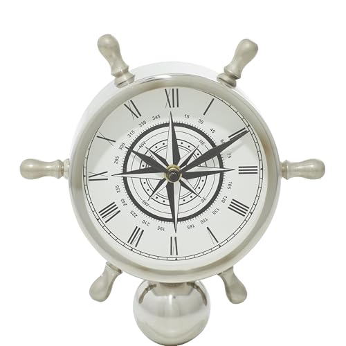 Deco 79 43508 Stainless Steel and Marble Ships Wheel Table Clock, 8" x 9", Silver/White