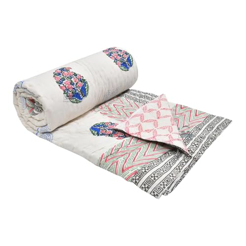 LOARSHY Hand Block Printed Pure Cotton Razai Single Bed Quilts/Rajai/Comferters - Lightweight (Size 60X90 INCHES) Multi