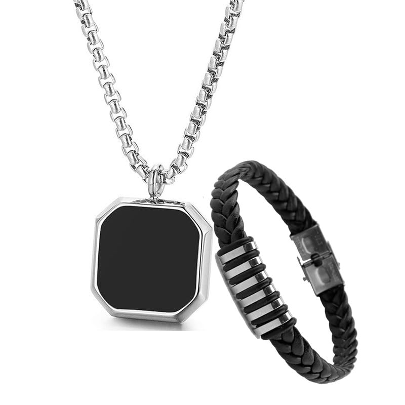 Fashion Frill Valentine Gift For Boyfriend Silver Chain For Men Stainless Steel Geometric Silver Pendant With Black Leather Bracelet For Men Boys Love Gifts Combo