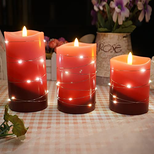 Xinhidar flameless Candle is Rechargeable, Equipped with Embedded String Lights, 3 LED Candles, 11 Key Remote Control, 24-Hour Timer Function, pulsating Flame, and Real Wax. (Gradient red)