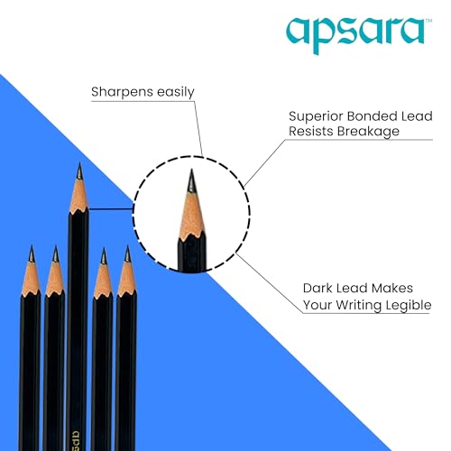 Apsara Beauty Pencils, Hexagonal Body for Strong Grip, Classic Black Design for Premium Look, Good Handwriting, Free Sharpener & Eraser, Non-toxic (Pack of 10 Pencils)