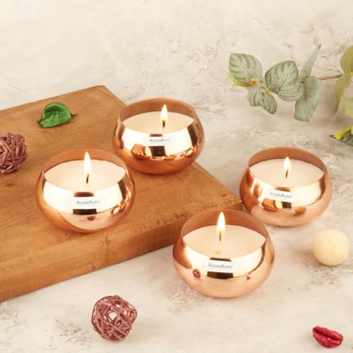 Asian Aura Scented Metal Jar Candle | Soy Blend Aroma Candle | Smokeless Scented Candle for Home Decor, Events, Relaxation & Gifting | Long-Lasting Jar Candle Pack of 4 (Copper, Sandalwood)