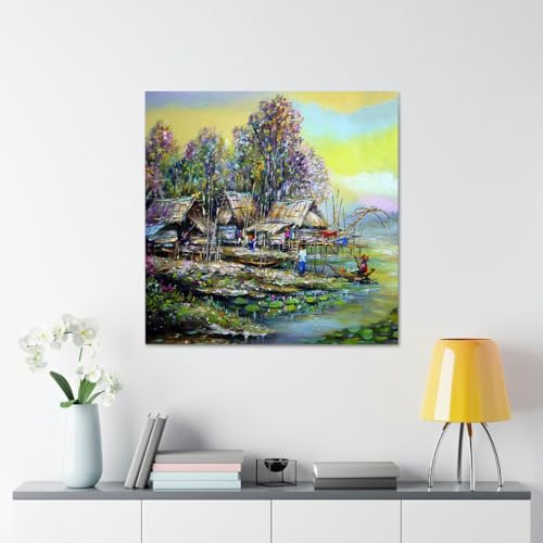 GADGETS WRAP Canvas Gallery Wrap Framed for Home Office Studio Living Room Decoration (17x17inch) - Village Oil Painting