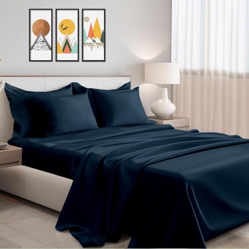 Premium Hotel Quality Cotton Bedsheet & Pillow Cover Set of 2 Room Décor Item for Bedroom - Navy Blue Solid_King