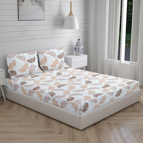 KRRS@Cotton Feel Glace Cotton Elastic Fitted Printed King Size Double Bed Bedsheet with 2 Pillow Cover(72" x78+8’’inches) Elastic On All Around Side to Grip The Mattress (Peach White Flower)