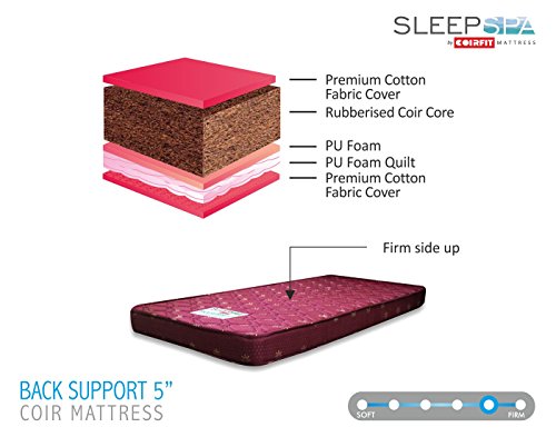 SLEEPSPA Back Support Orthosense-Coir 5' Inch Single Size Coir Mattress |Cocopedic Technology|for Hard Back Sleepers|with 5 Year Warranty (LxW: 78X36)