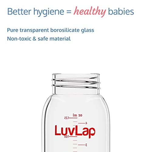 LuvLap Essential Slim Neck Glass Feeding Bottle, 125ml, 0m+/Babies Upto 3 Years, Made of Borosilicate Glass, BPA Free, Ergonomic Shape is Easy to Hold, with Anti Colic Nipple, White & Red, Pack of 1