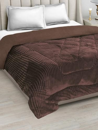 FABINALIV Brown Striped Heavy Winter 950 GSM Micro Fiber Filling Double Bed Quilt (FLQT-1026-Brown)