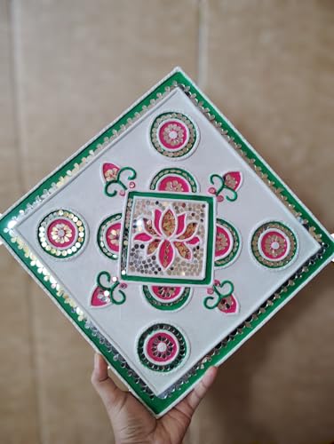 Decorative Rangoli Acrylic Floor Art, Traditional Lotus Design, Pink and Green, 30 cm Square