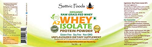 Sattvic Foods Certified Organic A2 Whey Protein Isolate (200 g) Unflavoured, Unadulterated | Performance Grade Grass-Fed, Non-GMO, 22.5g of protein per serving | Dietary Supplement For Muscle Recovery