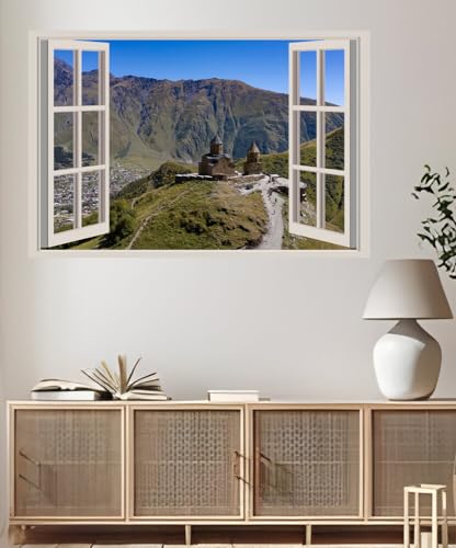 JVERF - JZZA21621 Georgia Mountains Church Gergeti Trinity Church| Self-Adhesive Open Window Wall Sticker