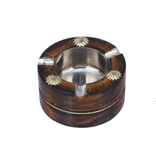Craft Factory Wooden Round Ashtray with Lid – Handmade Classic Brown Design, Compact 10x10x4 cm with Steel Cup Inside for Easy Cleaning