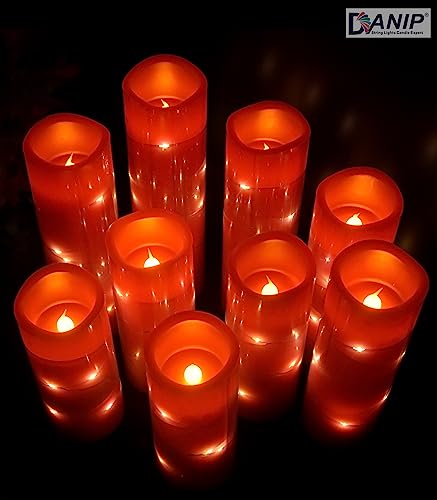 DANIP red flameless Candle, Built-in Star Cluster, 9 LED Candles, 11 Button Remote Control, 24-Hour Cycle Timer, Flashing Flame, Real Wax, Battery Powered. (Starry Sky Series)