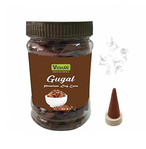 V, VIDHAN Dhoop Cones Guggal Premium Jar 100Gm | No Bamboo | No Charcoal | Dhoop Batti | Pooja Dhoop Cone | (Guggal)