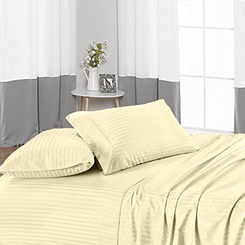 LINEN SHEETS Premium 1000TC 6 Piece Bedsheet Set- Luxury Breathable Bedding- 8" Deep Pocket Fitted Sheet, Flat Sheet & 4 Pillow Cover- 100% Cotton Bedsheet Set-Ivory Stripe,Queen Size