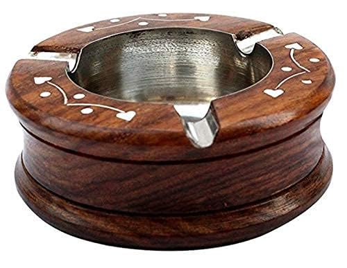 Knovelenterprises Wooden Cigarette Ashtray, Sheesham Wood Ash Tray with Drawer Smoke Ash Holder Tabletop Ash Catcher Round shape 3 cigarette slot holder, 1 Pc