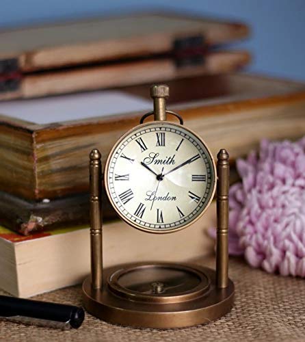 Home Decor Instrument Brass Table Clock with Navigation Compass Antique Table Clock