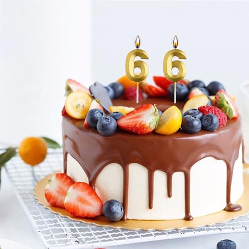 AOOLADA 66th Birthday Candles, Gold 66 Year Old Number Birthday Candles, Happy Birthday Party Decorations Cake Topper Gifts for Men Women