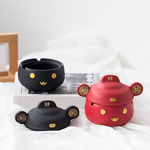 MYADDICTION Chinese God of Wealth Ashtray with Lid Feng Shui for Home Indoor Gift Red