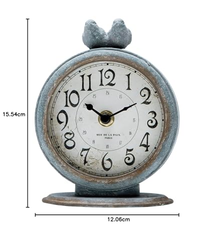 NIKKY HOME Shabby Chic Pewter Round Quartz Table Clock with 2 Birds, 4.75" x 2.5" x 6.12" Slate Grey