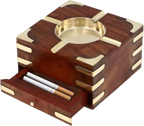 Wooden Ashtray with Brass Inlay, Square Design, Brown and Gold, Cigarette Holder with Storage