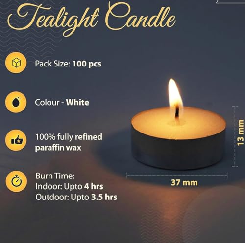 VEDHAN - Wax Tealight Candles - Pack of 100, 4 Hours Burning Time, 100% Fully Refined Paraffin Wax, Unscented, Smokeless, Dripless, for Home Decor, Offices & Other Occasions (White)