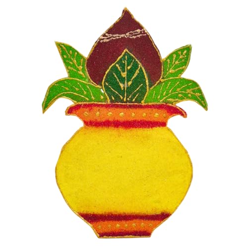 Ready Rangoli Cutouts - Elevate Your Rangoli with Zero Efforts - Kalash with Traditional Green Leaves and Coconut - Set of 8- Customization Available in Colour (Yellow/Orange/Red) (8)