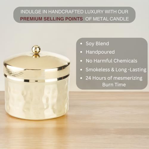 Asian Aura Scented Soy Blend Candle in Gold Hammered Metal Jar with Lid | Smokeless, Long-Lasting Aroma Candle for Home Decor, Events, Relaxation, and Gifting (Royal Oud)