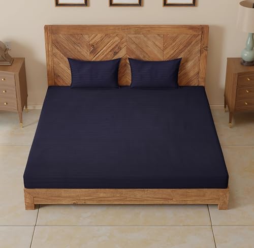 CloudWeave Home Company's Premium 210TC Cotton Striped Hotel Bedsheets for Double Bed, Fitted Bedsheet 60 x 72 inches & 8 Inch Drop with 2 Pillow Covers 18 x 27 Inches. Navy Blue Bedsheet