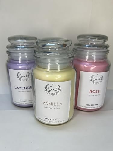 Suneh Aroma Candles Set of 3 Scented Aromatic Fragrance of Vanilla, Lavender & Rose for Gifting & Home Decor, Votive Glass Jar Candle, 350 Gms Each,Up to 60 Hours Burn Time