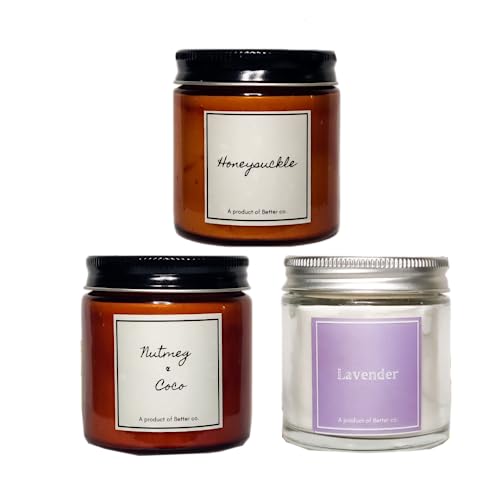 Better co Scented Soy Wax Amber Jar Candle Organic Luxury Aroma Burning Time Upto 20 Hours. Combo Pack of 3. Honeysuckle Lavender and Nutmeg + Coco.