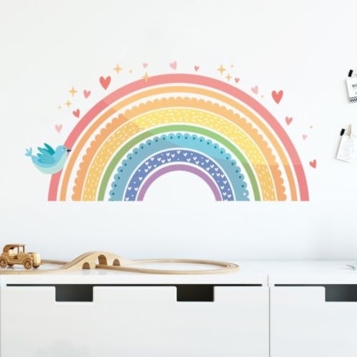 HEUREKA Colorful Rainbow Stickers Heart Stars Blue Birds Cartoon Peel and Stick Self Adhesive Wall Sticker (30 CM X 60 CM)